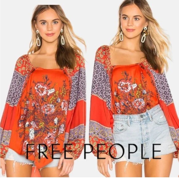 Free People Tops - NWOT Free People Positano Floral Boho Blouse Orange Blue S